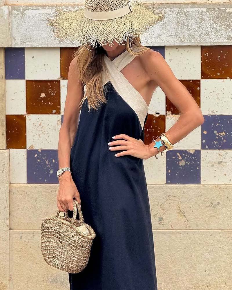 Elegantní šaty s výstřihem do půli lýtek a módním křížovým límcem