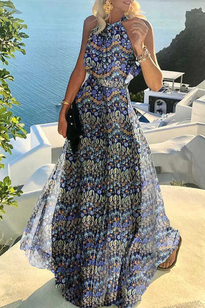Cassey - Bohemian print patchwork halter plisované šaty