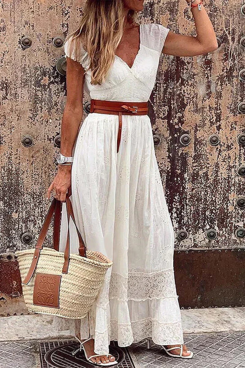 Casual Solid Patchwork V-Neck Waist Sukně šaty