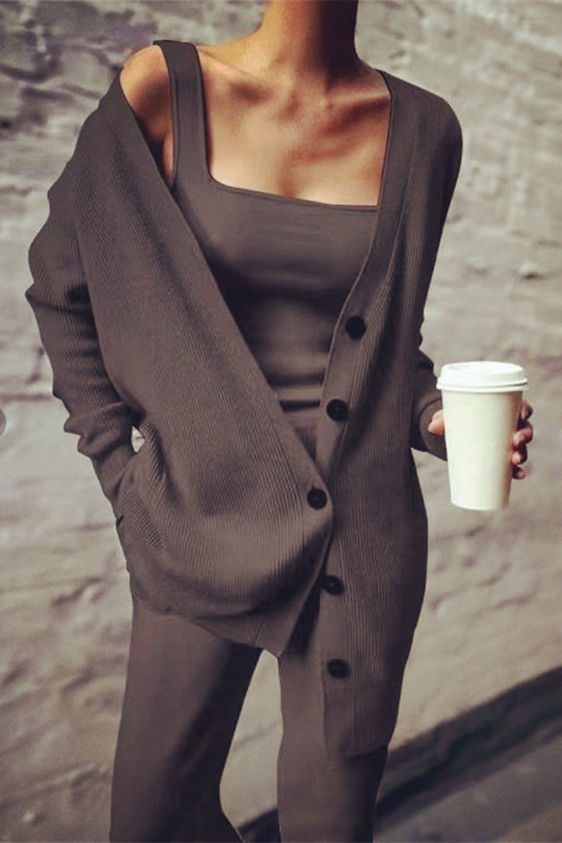 LD Casual Solid Cardigan Vesta Kalhoty Čtvercový límec Dlouhé rukávy Třídílná sada (3 barvy)