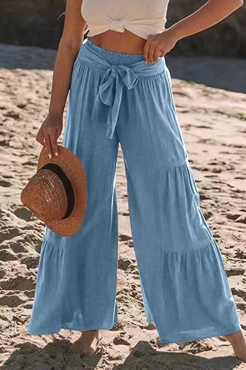 Casual Holiday Solid Bandage Pleats Loose High Waist Wide Leg Solid Colour Trousers (volné jednobarevné kalhoty s vysokým pasem)
