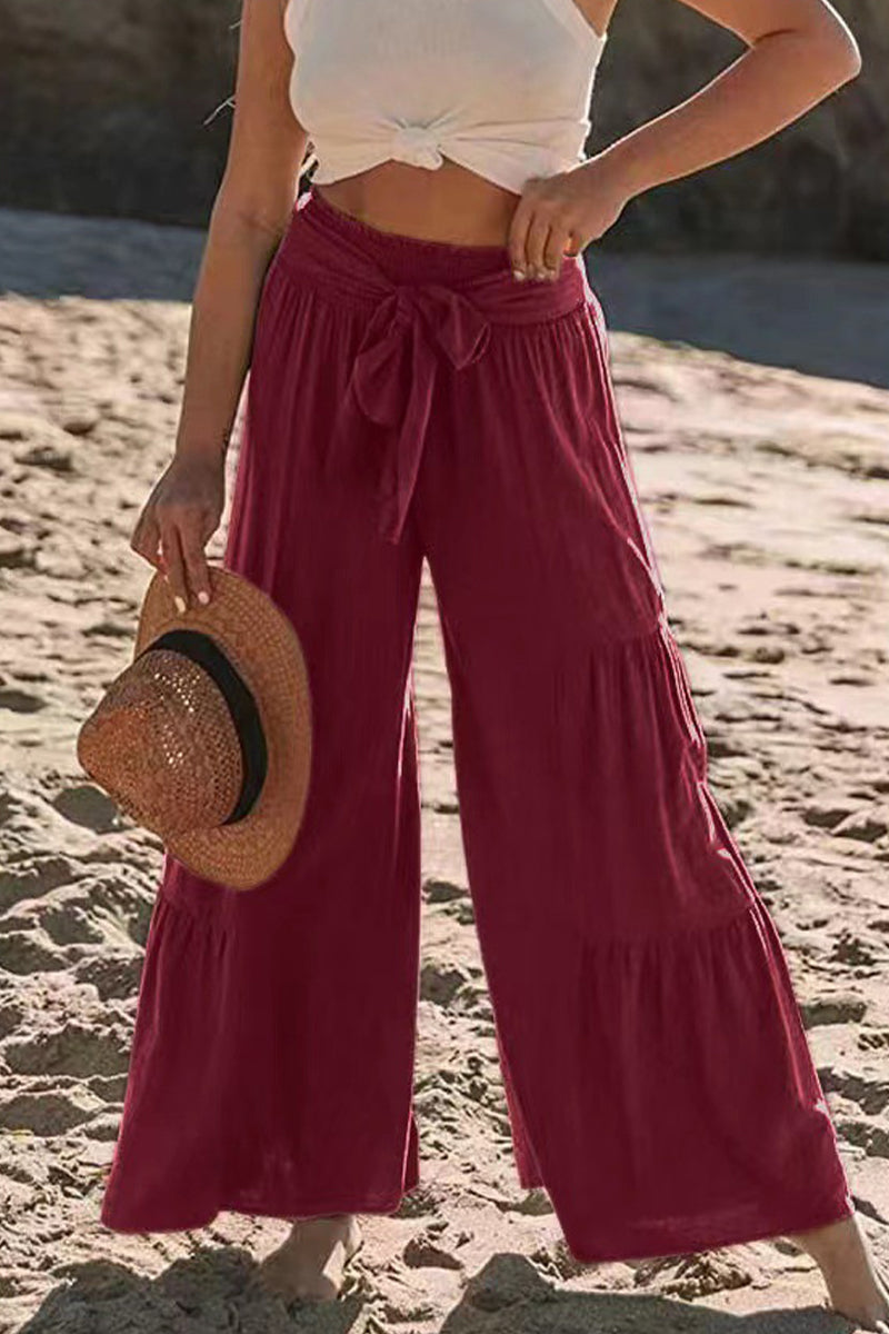 Casual Holiday Solid Bandage Pleats Loose High Waist Wide Leg Solid Colour Trousers (volné jednobarevné kalhoty s vysokým pasem)