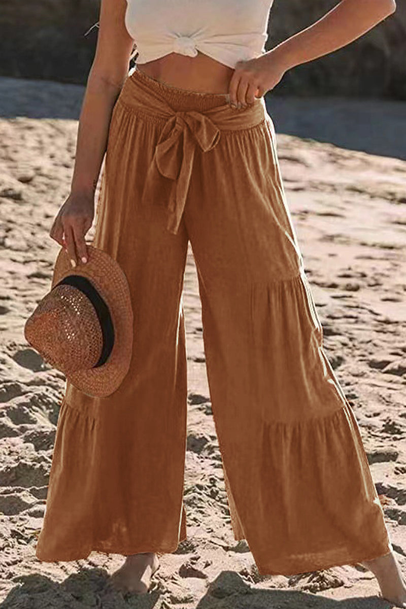 Casual Holiday Solid Bandage Pleats Loose High Waist Wide Leg Solid Colour Trousers (volné jednobarevné kalhoty s vysokým pasem)