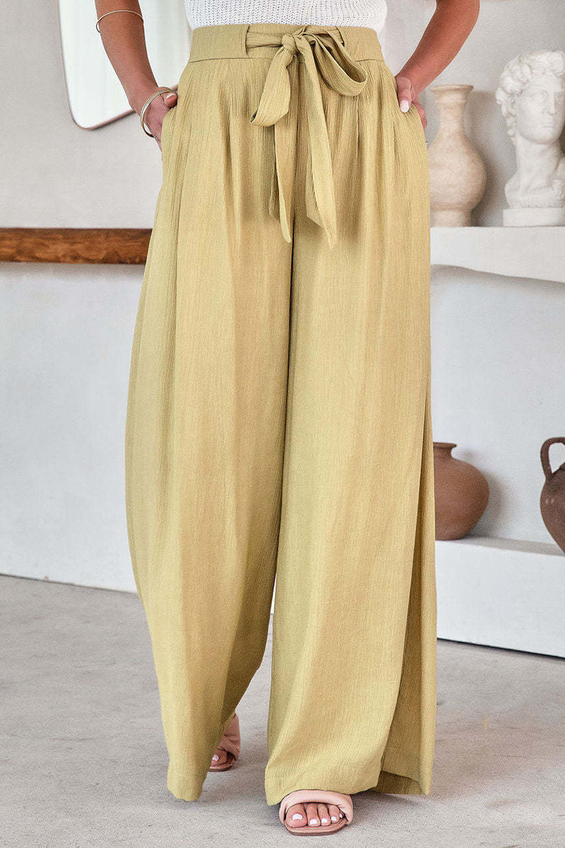 Casual Solid Pocket Frenulum Loose High Waist Wide Leg Solid Colour Trousers (volné jednobarevné kalhoty s širokými nohavicemi)