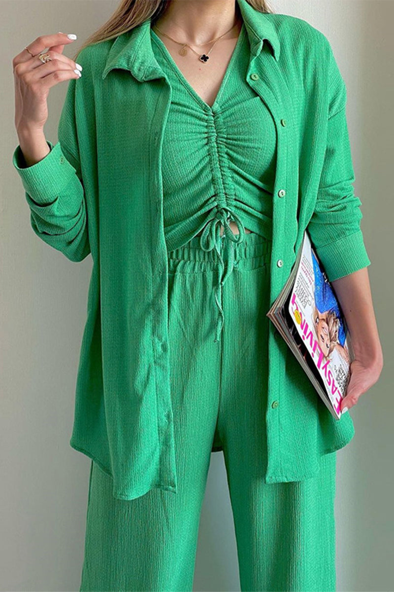 LD Casual Solid Draw String Fold Turndown Collar Long Sleeve Three-Piece (Košile Vesta Kalhoty)