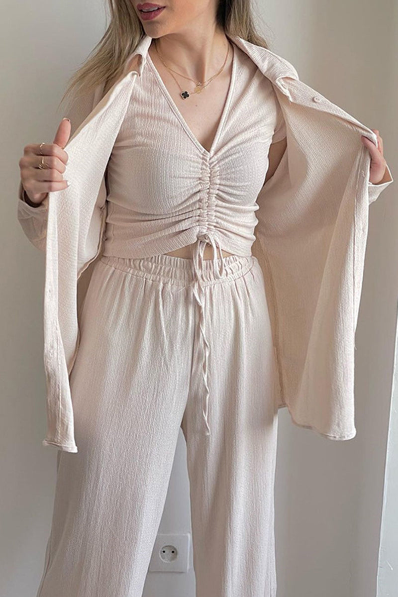 LD Casual Solid Draw String Fold Turndown Collar Long Sleeve Three-Piece (Košile Vesta Kalhoty)