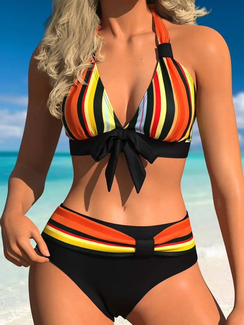 Bikiny do půlky těla s barevným pruhovaným potiskem a šňůrkou na zavazování