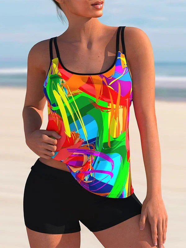 LD Plus Size Swimwear Plavky bez rukávů s květinovým potiskem lehce pruhované tankiny