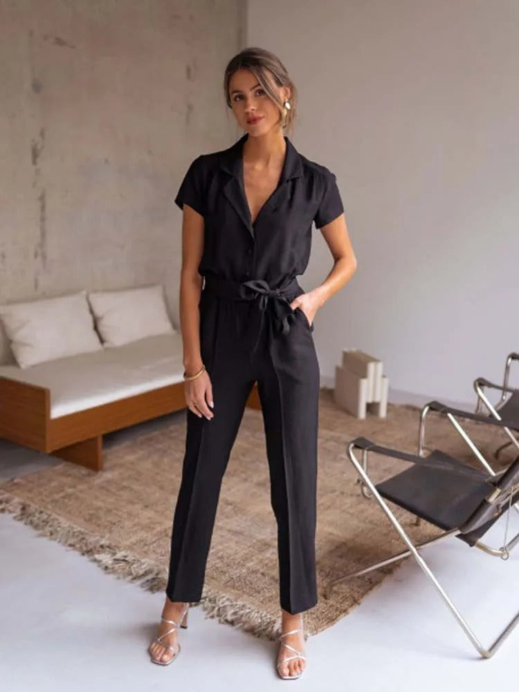 Beth - Elegantní dámský overal s patchworkovými véčky
