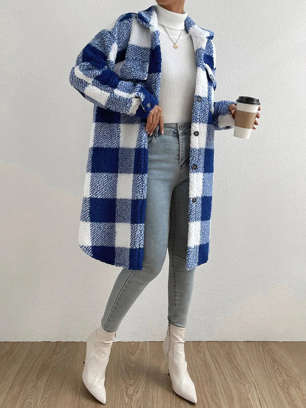 Valeria - Stylový kostkovaný plyšový kabát