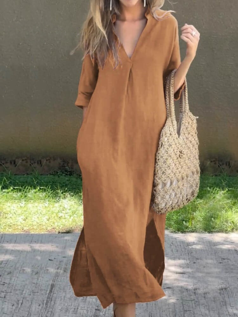 Elegantní maxi šaty s výstřihem do V a volnou siluetou