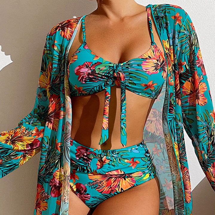 3-dílné bikiny s květinami a přehozem