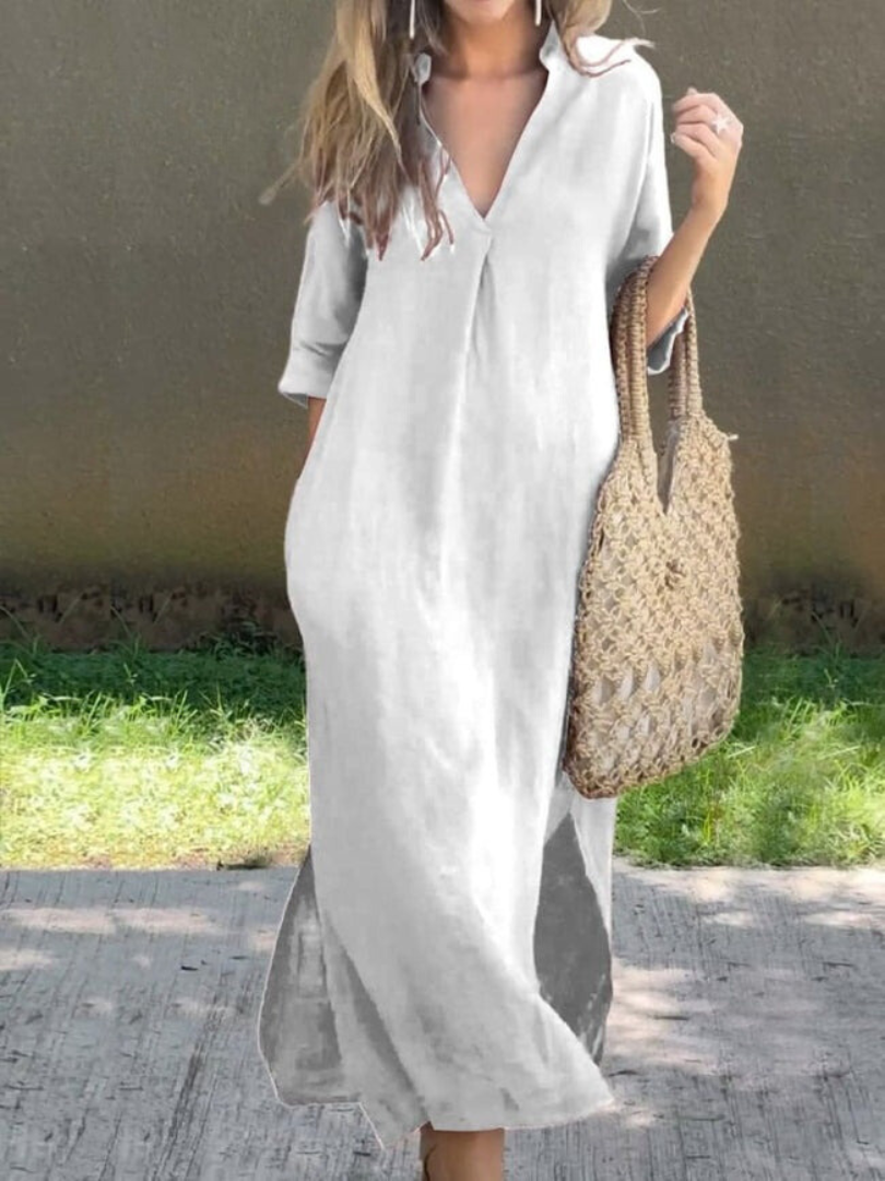 Elegantní maxi šaty s výstřihem do V a volnou siluetou