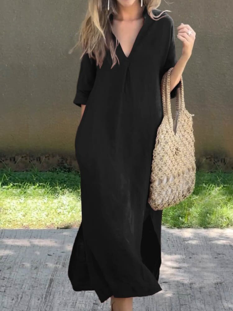 Elegantní maxi šaty s výstřihem do V a volnou siluetou