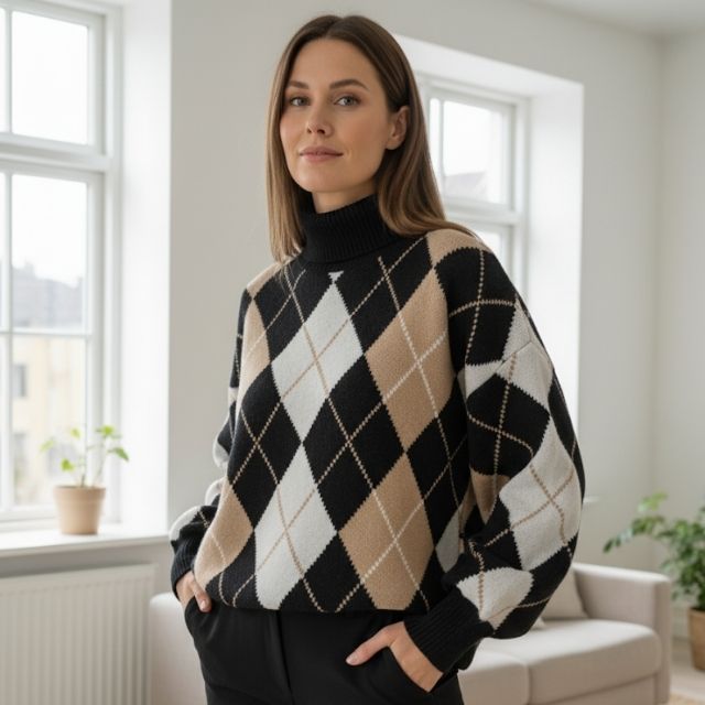 Catherine | Elegantní dámský svetr s geometrickým vzorem a vysokým límcem
