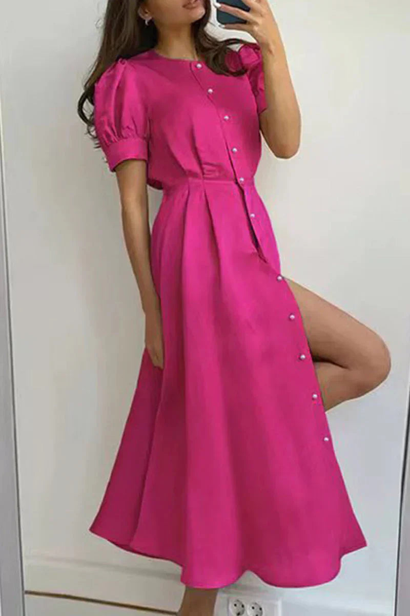 Eudora - Elegantní šaty do O s krátkými rukávy a zapínáním na přezku