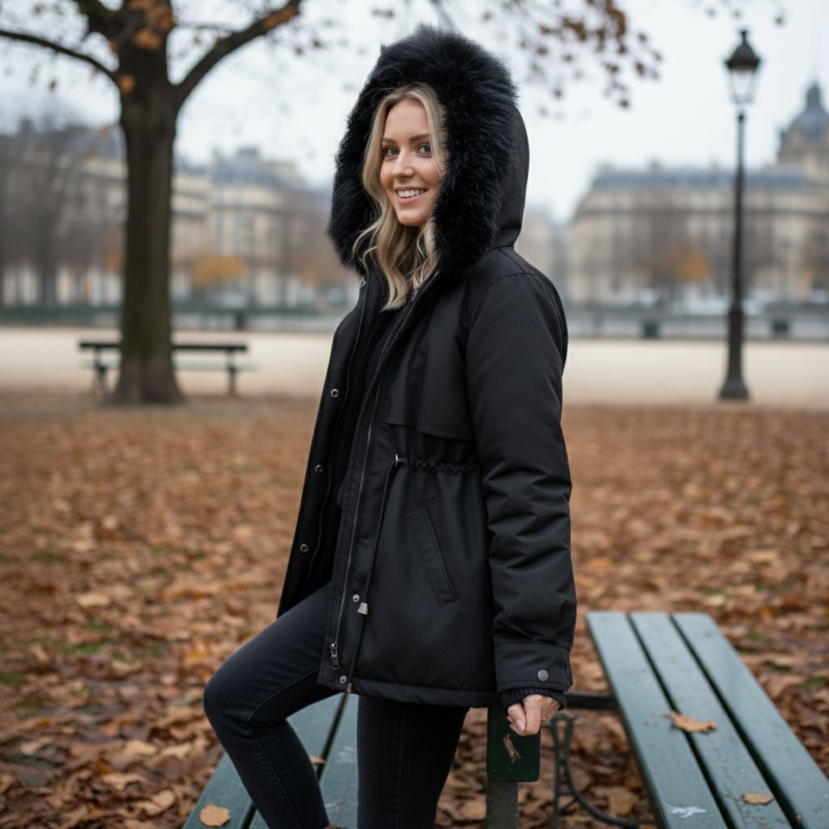 Eugenie | Dámská prošívaná bunda s límcem a kapucí z elegantního peří
