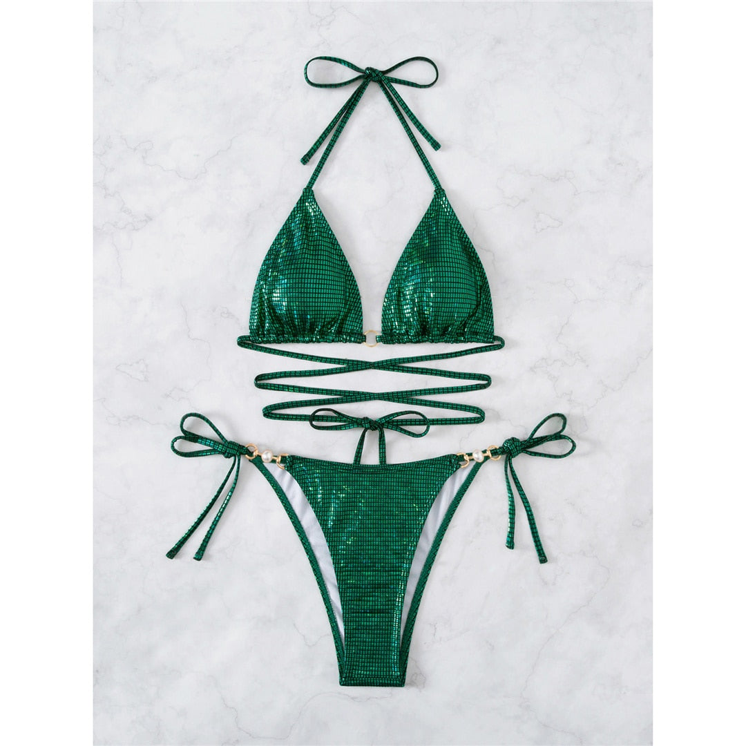 Zelené třpytivé bikiny | Se sexy ramínky