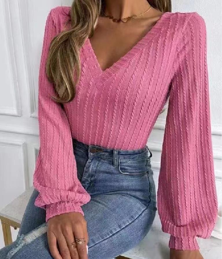 Lena - Elegantní pletený top s výstřihem do V a dlouhými rukávy pro ženy