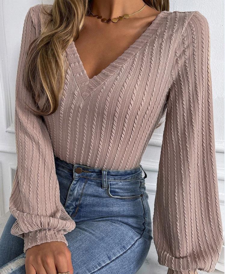 Lena - Elegantní pletený top s výstřihem do V a dlouhými rukávy pro ženy