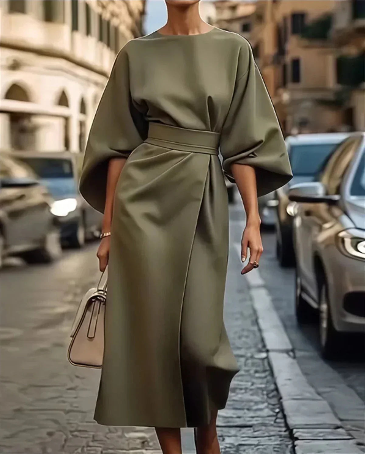 Elegantní midi šaty se zvonovými rukávy a páskem