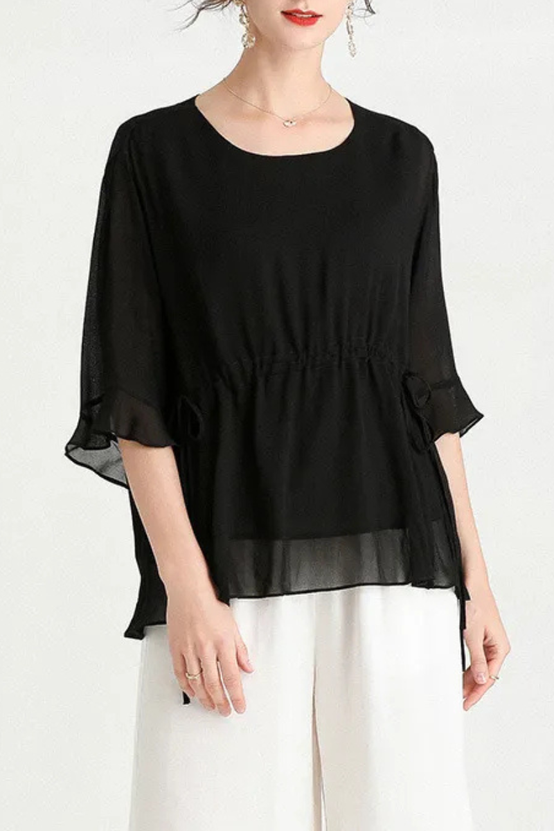 Zalani | Letní hedvábná halenka s krátkými rukávy Plus Size Slimming Silk Blouse