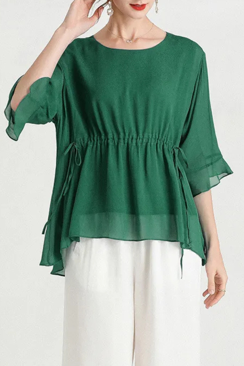 Zalani | Letní hedvábná halenka s krátkými rukávy Plus Size Slimming Silk Blouse