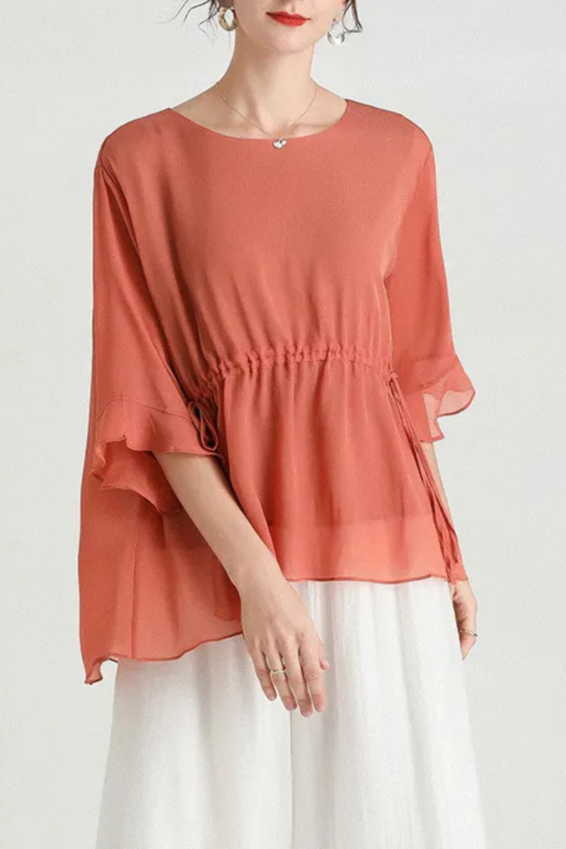 Zalani | Letní hedvábná halenka s krátkými rukávy Plus Size Slimming Silk Blouse
