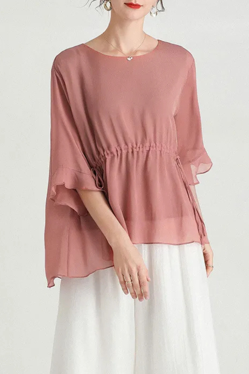 Zalani | Letní hedvábná halenka s krátkými rukávy Plus Size Slimming Silk Blouse