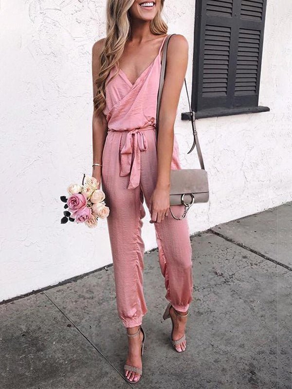 Casual Solid Sling Belt Jumpsuit (kombinéza s pevným páskem)