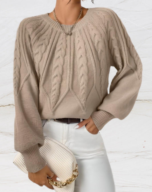 Abigail - Elegantní dámský svetr s kulatým výstřihem z béžového úpletu Arrow Knit