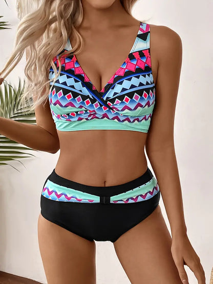 Módní a elegantní bikiny s náhodným potiskem a výstřihem do V