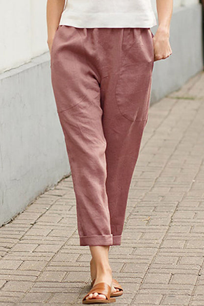LD Casual Solid Strap Design Rovné spodní kalhoty do pasu
