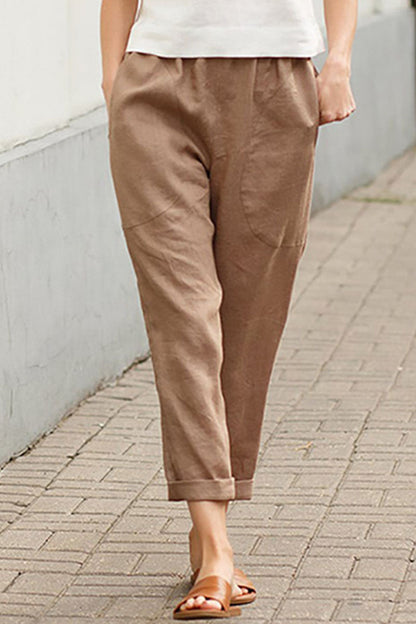 LD Casual Solid Strap Design Rovné spodní kalhoty do pasu