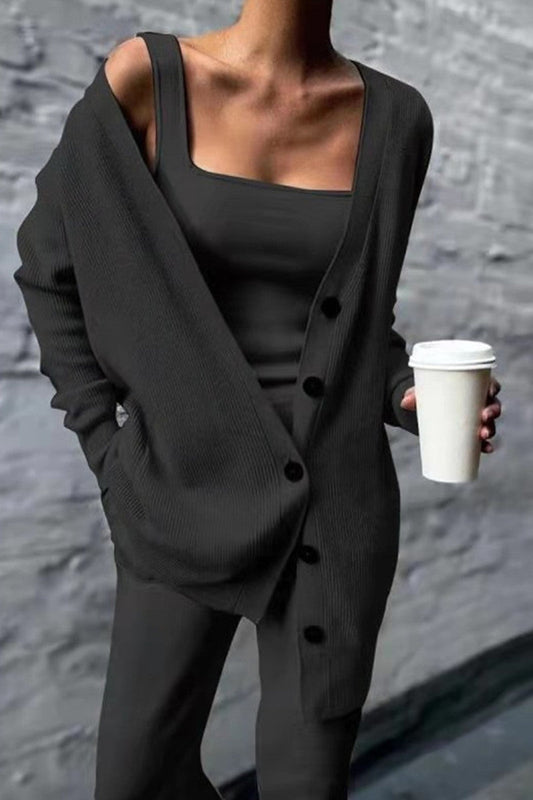LD Casual Solid Cardigan Vesta Kalhoty Čtvercový límec Dlouhé rukávy Třídílná sada (3 barvy)