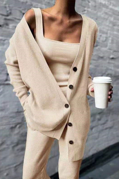 LD Casual Solid Cardigan Vesta Kalhoty Čtvercový límec Dlouhé rukávy Třídílná sada (3 barvy)