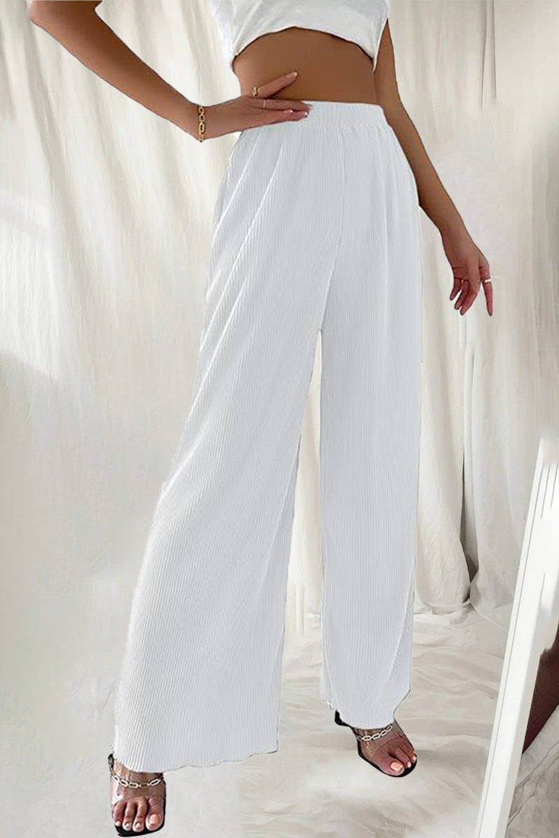 LD Casual Simplicity Solid Pleat Loose High Waist Wide Pipe Jednobarevné kalhoty (7 barev)
