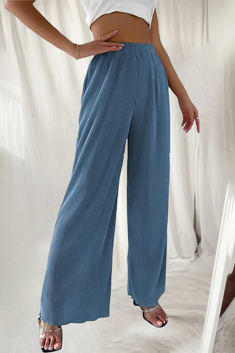 LD Casual Simplicity Solid Pleat Loose High Waist Wide Pipe Jednobarevné kalhoty (7 barev)