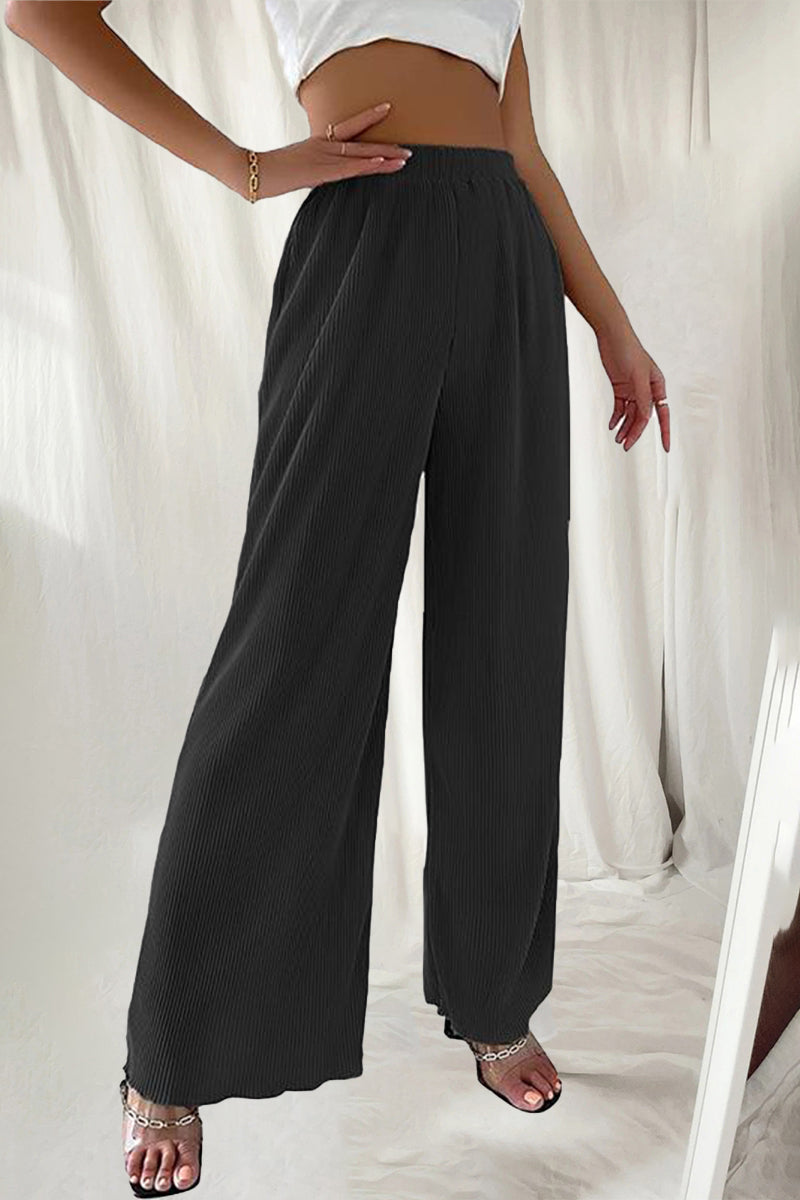 LD Casual Simplicity Solid Pleat Loose High Waist Wide Pipe Jednobarevné kalhoty (7 barev)