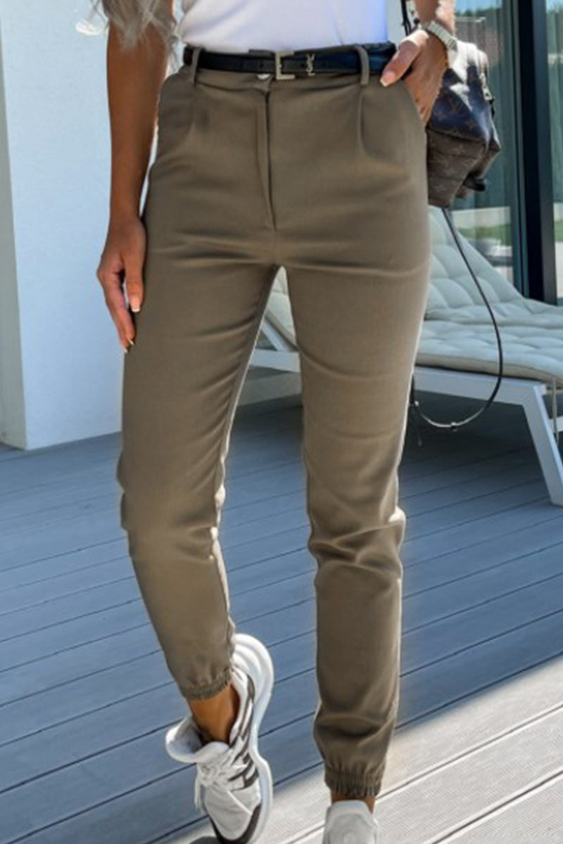 Ležérní jednobarevné kalhoty s pevnou kapsou Regular Mid Waist Pencil Solid Colour Kalhoty