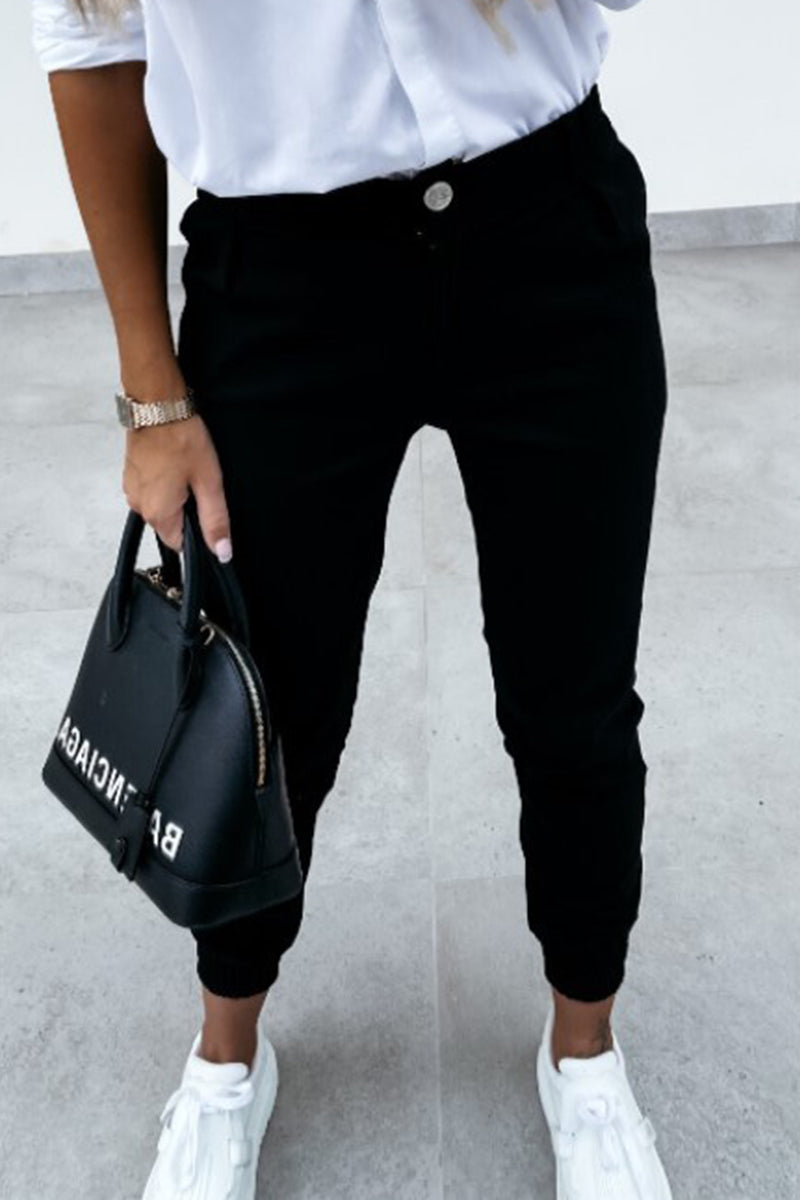 Ležérní jednobarevné kalhoty s pevnou kapsou Regular Mid Waist Pencil Solid Colour Kalhoty