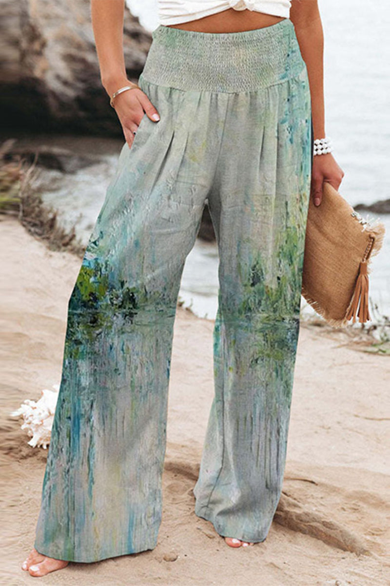 Casual Holiday Print Patchwork Loose High Waist Wide Leg Position Kalhoty s vysokým pasem a širokými nohavicemi