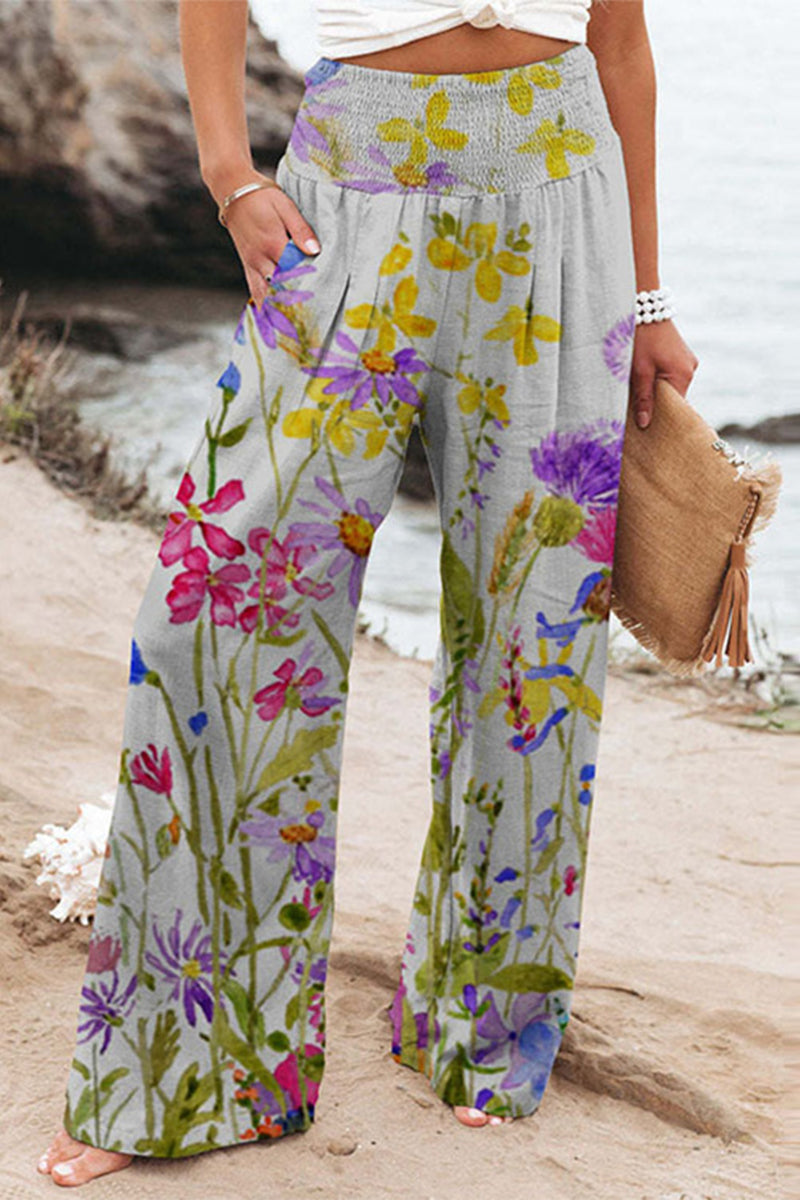Casual Holiday Print Patchwork Loose High Waist Wide Leg Position Kalhoty s vysokým pasem a širokými nohavicemi