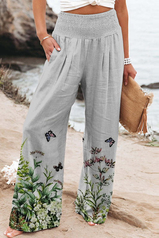 Casual Holiday Print Patchwork Loose High Waist Wide Leg Position Kalhoty s vysokým pasem a širokými nohavicemi