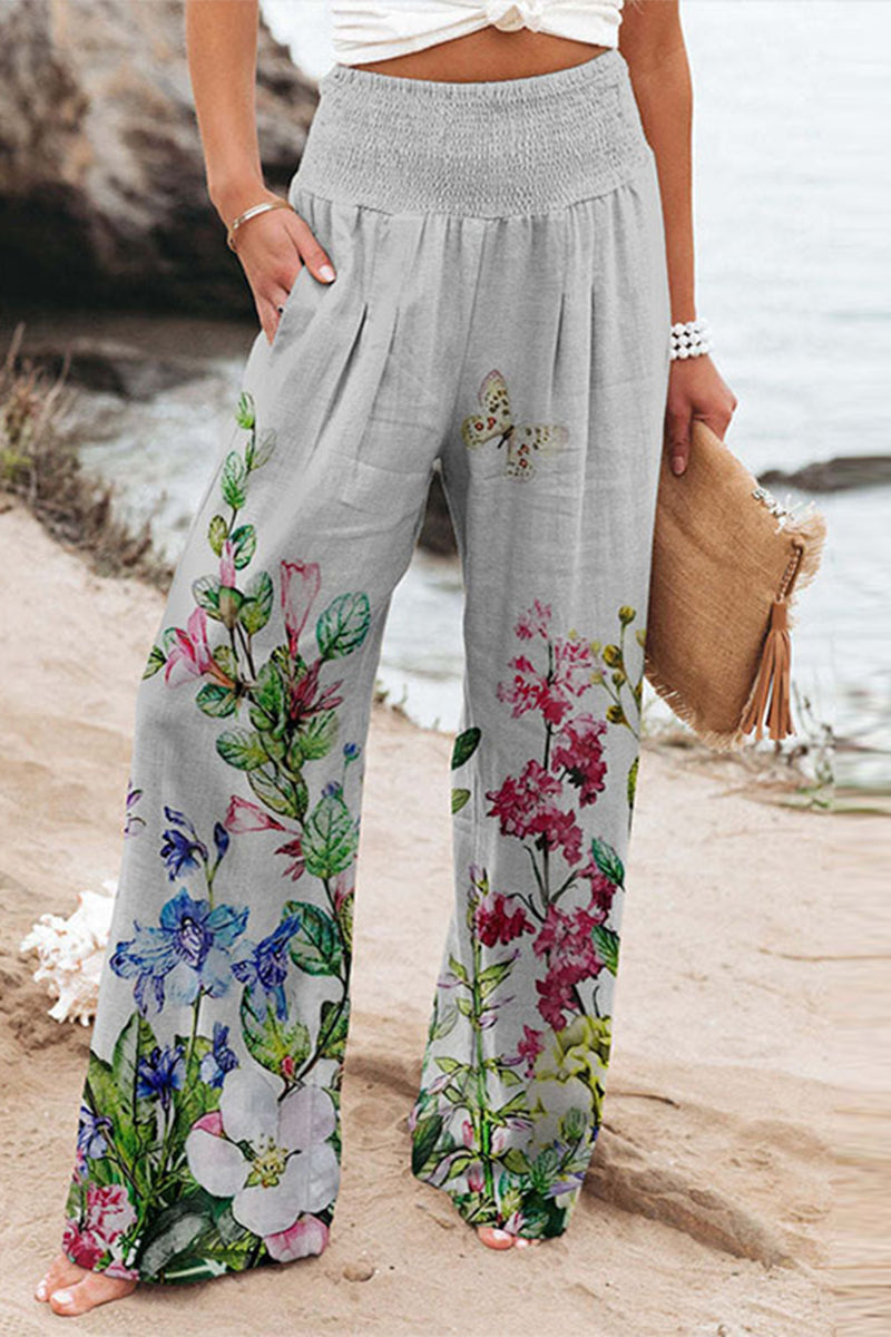 Casual Holiday Print Patchwork Loose High Waist Wide Leg Position Kalhoty s vysokým pasem a širokými nohavicemi