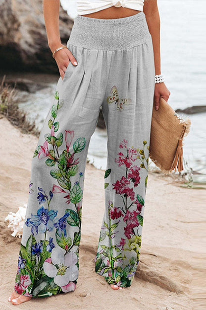 Casual Holiday Print Patchwork Loose High Waist Wide Leg Position Kalhoty s vysokým pasem a širokými nohavicemi