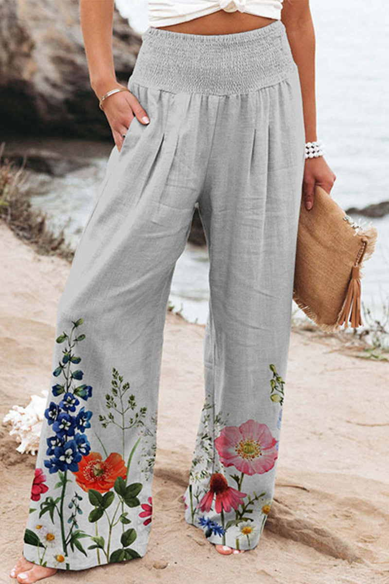 Casual Holiday Print Patchwork Loose High Waist Wide Leg Position Kalhoty s vysokým pasem a širokými nohavicemi