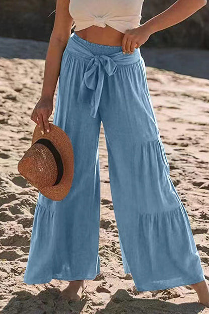 Casual Holiday Solid Bandage Pleats Loose High Waist Wide Leg Solid Colour Trousers (volné jednobarevné kalhoty s vysokým pasem)