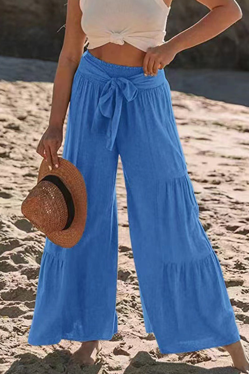 Casual Holiday Solid Bandage Pleats Loose High Waist Wide Leg Solid Colour Trousers (volné jednobarevné kalhoty s vysokým pasem)