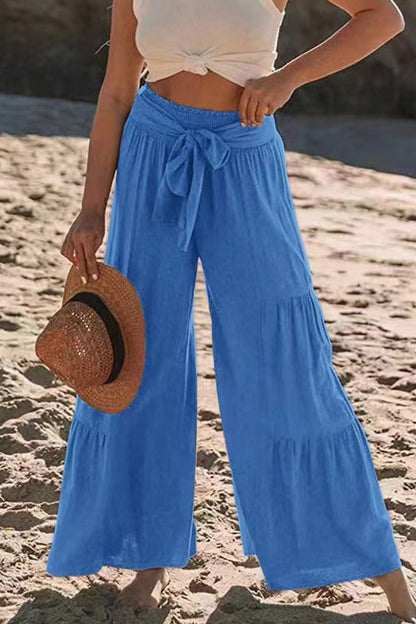 Casual Holiday Solid Bandage Pleats Loose High Waist Wide Leg Solid Colour Trousers (volné jednobarevné kalhoty s vysokým pasem)